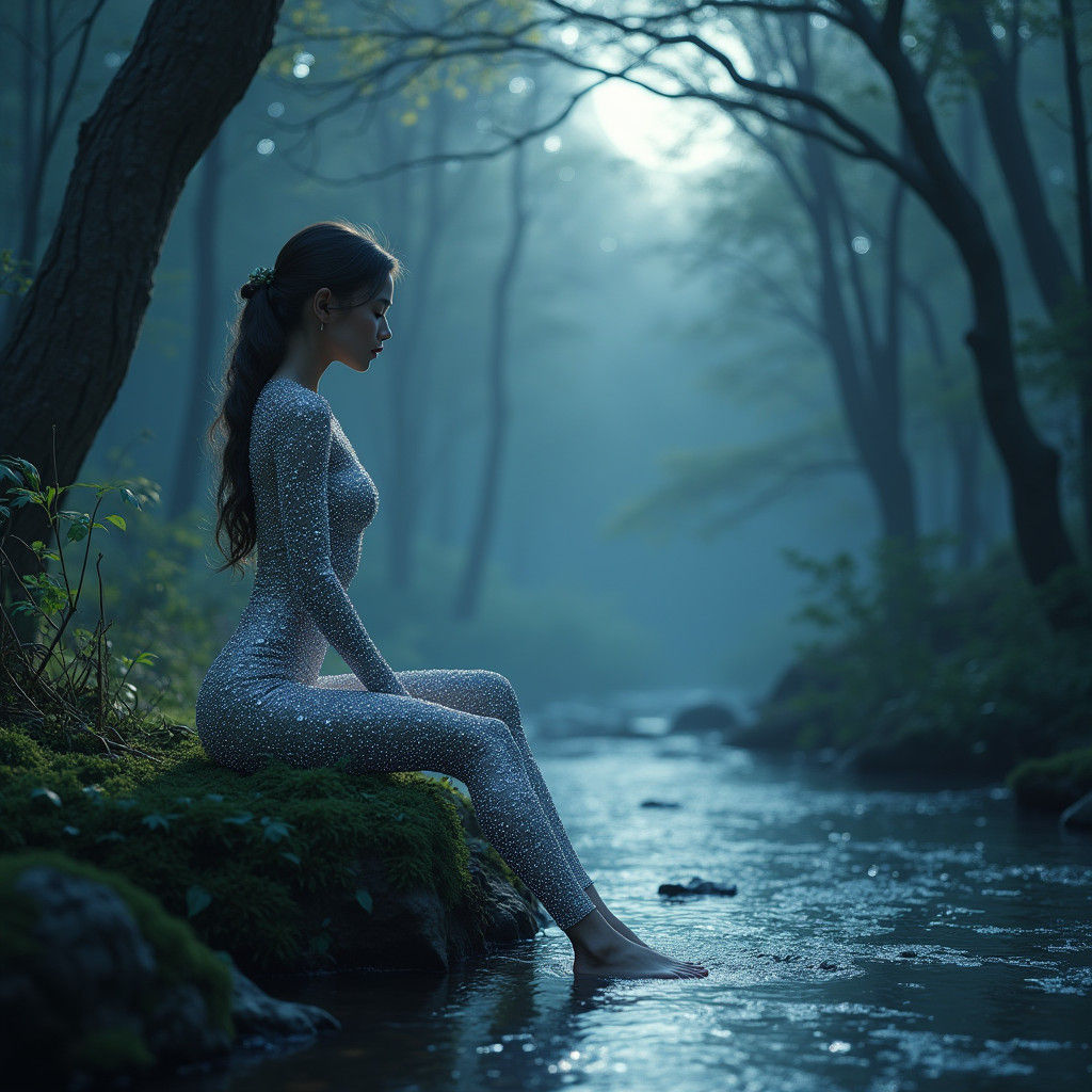 Diamond Woman in Moonlit Forest, Fantasy Art
