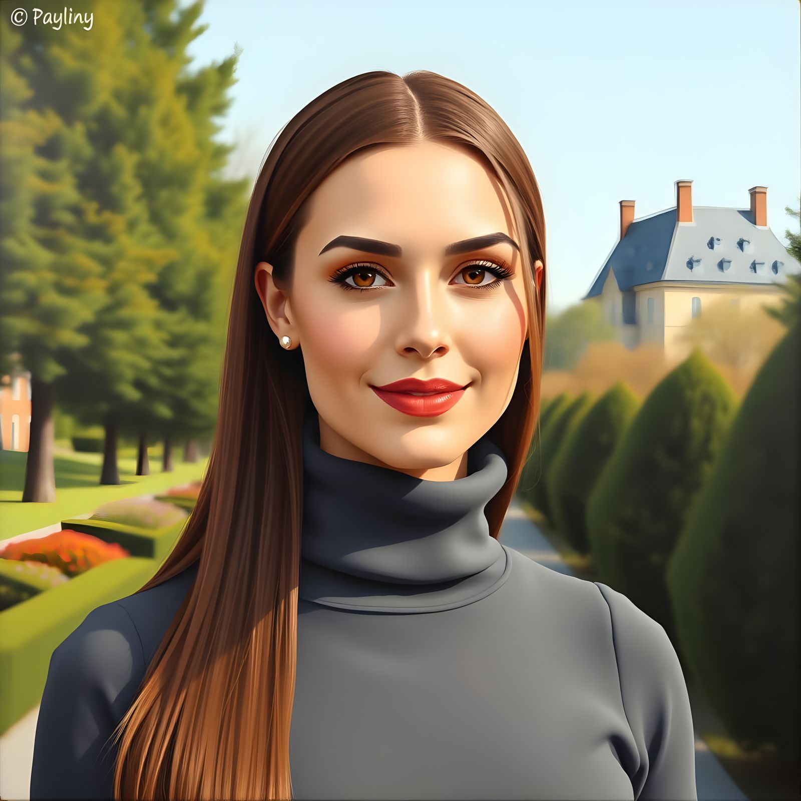 Minimalist Oil Portrait of Elegant German Woman in Garden