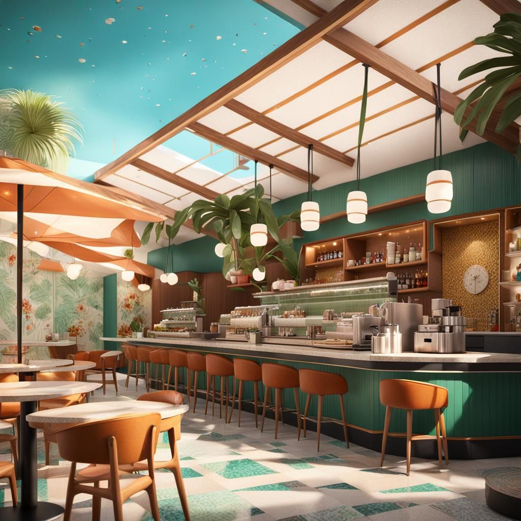Hyperrealistic Retro Cafe Interior in Mid-Century Modern Sty...