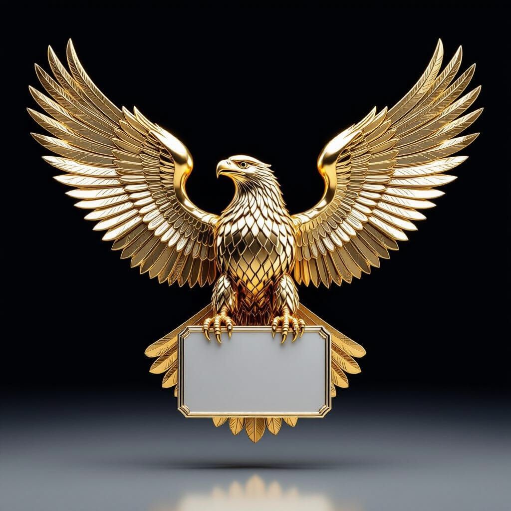 Golden Mechanical Eagle Holds Silver Badge, 3D Render