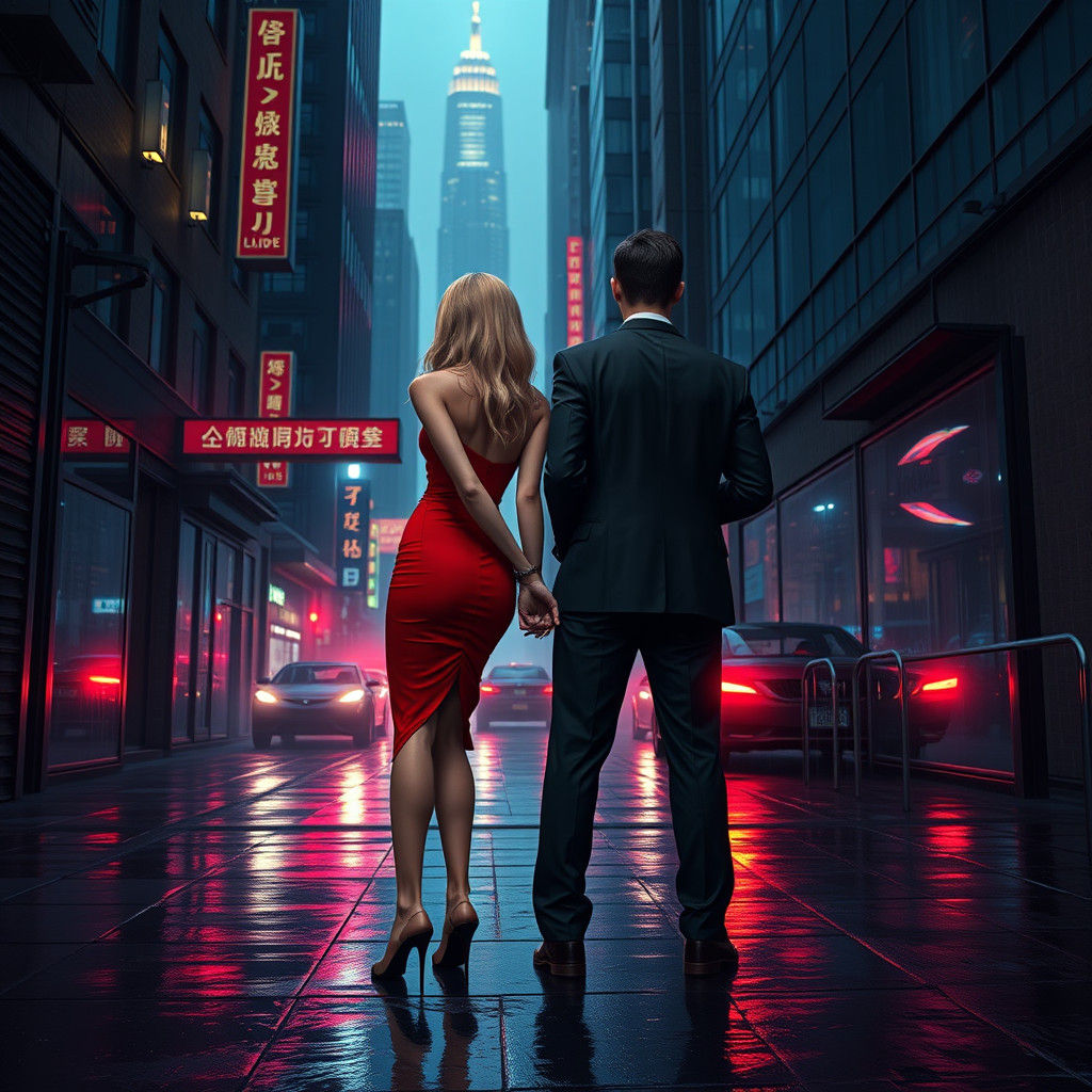 Cyberpunk Arrest: Woman in Red Dress Handcuffed
