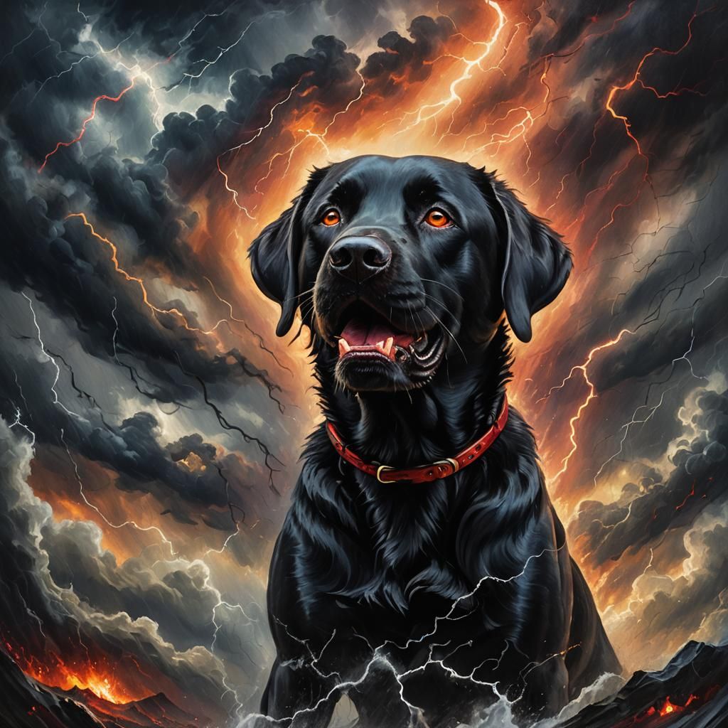Angry Black Labrador Portrait in Mystical Realm