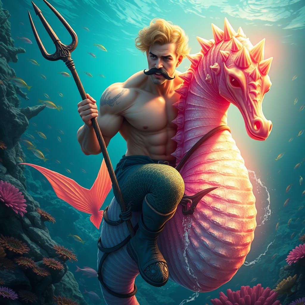 Mermaid Cowboy Rides Majestic Seahorse into Vibrant Ocean De...