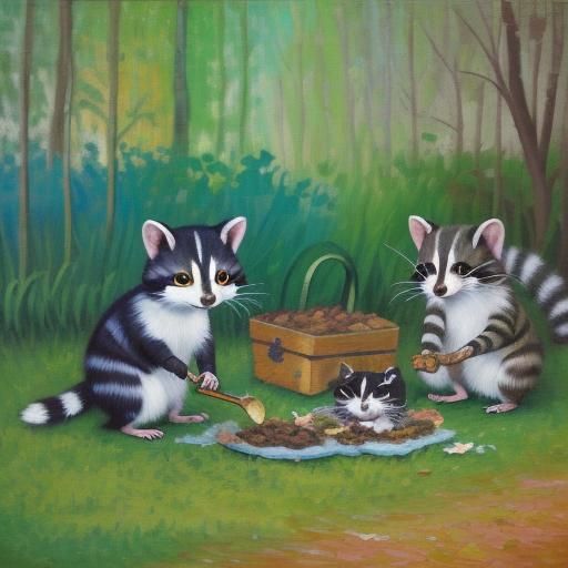 Cats and Wild Animals Eating: Expressionist Oil Painting