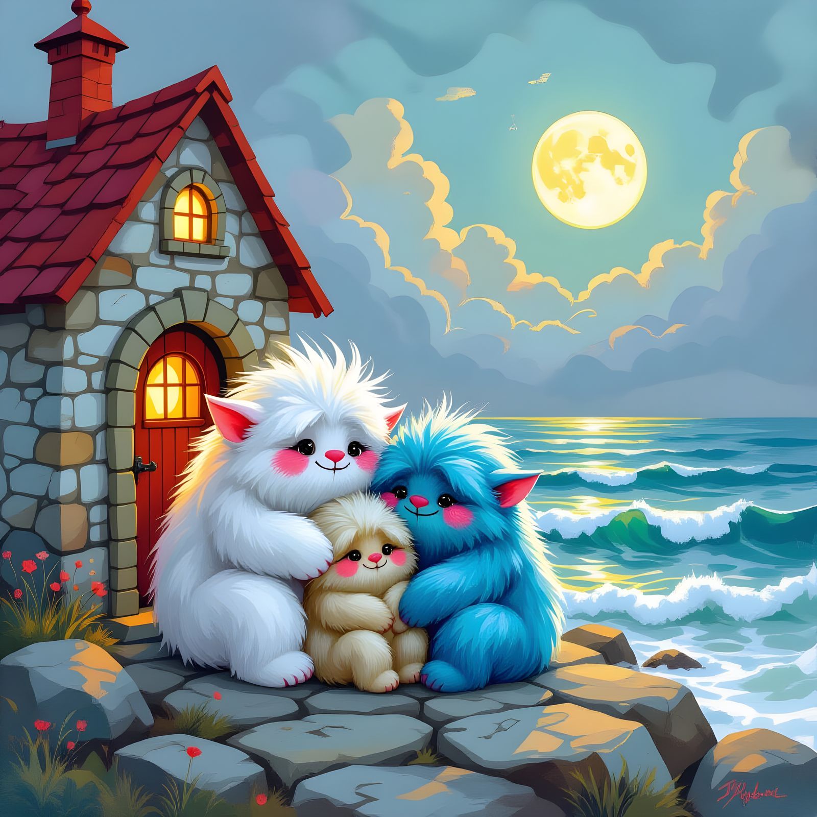 Whimsical Trolls at Lighthouse Doorway in Pencil Style