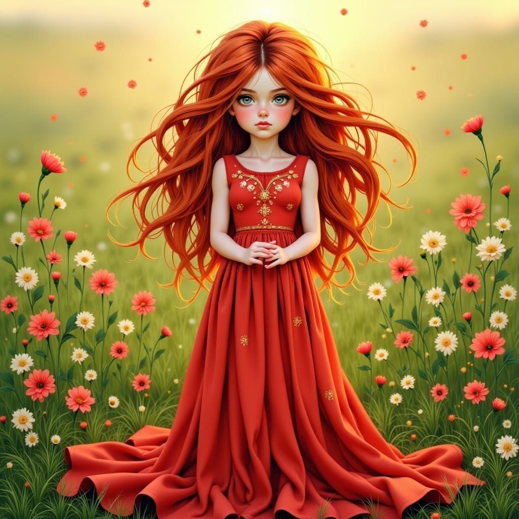Gentle Girl in Whimsical Red Dress, Lost in Contemplation