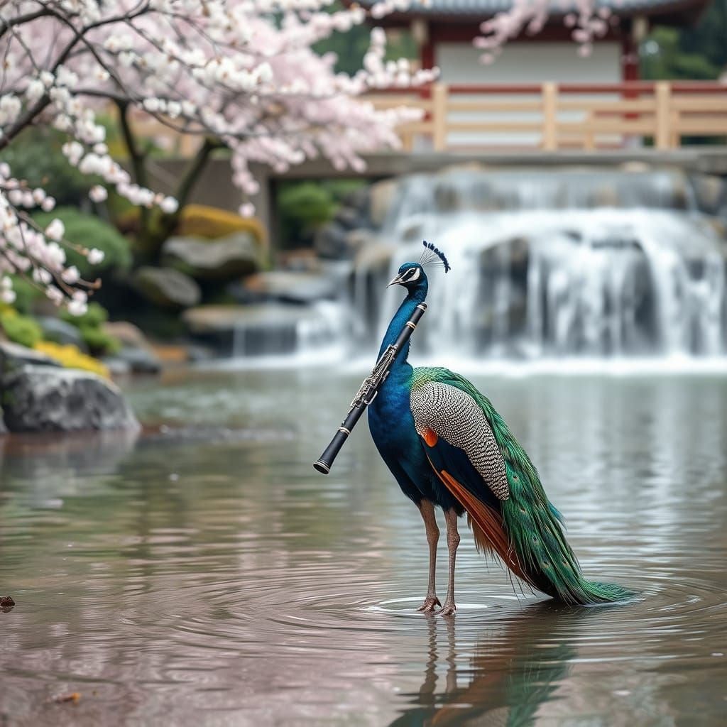 Peacock Clarinetist in Japanese Zen Garden