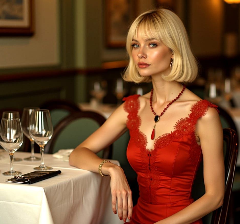Blond Woman in Red Dress in Restaurant