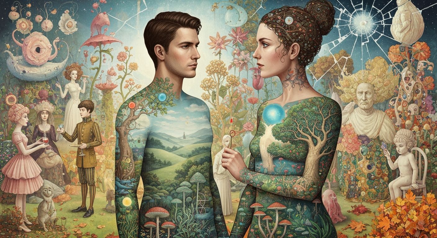 Surreal Garden Party in Ethereal Mixed-Media Style