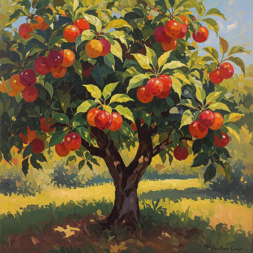Vibrant Impressionist Tree with Crimson Fruit