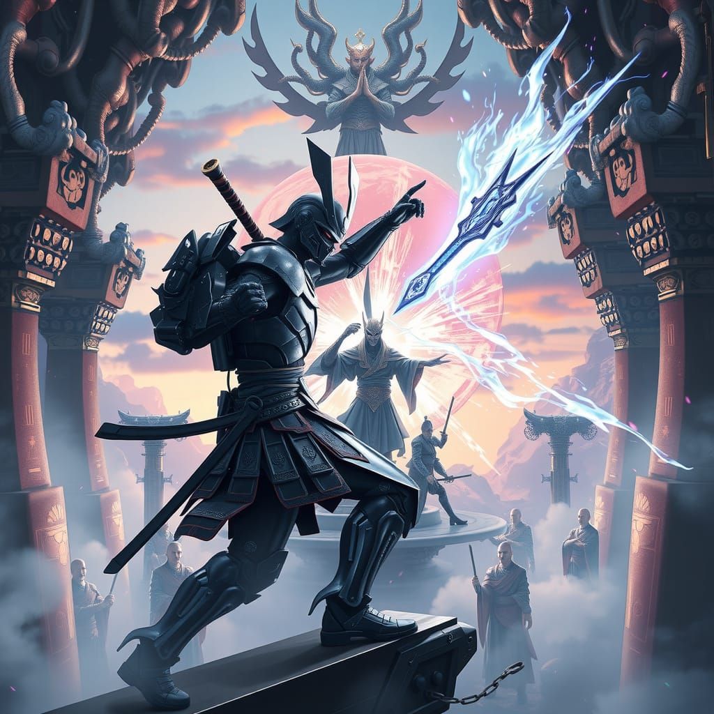 Cyberpunk Samurai Mech Warrior Battles Liquid Metal Entity i...