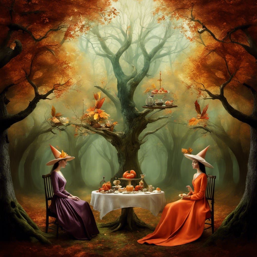 Autumnal Ladies' Tea: A Surreal Magical Realism Scene
