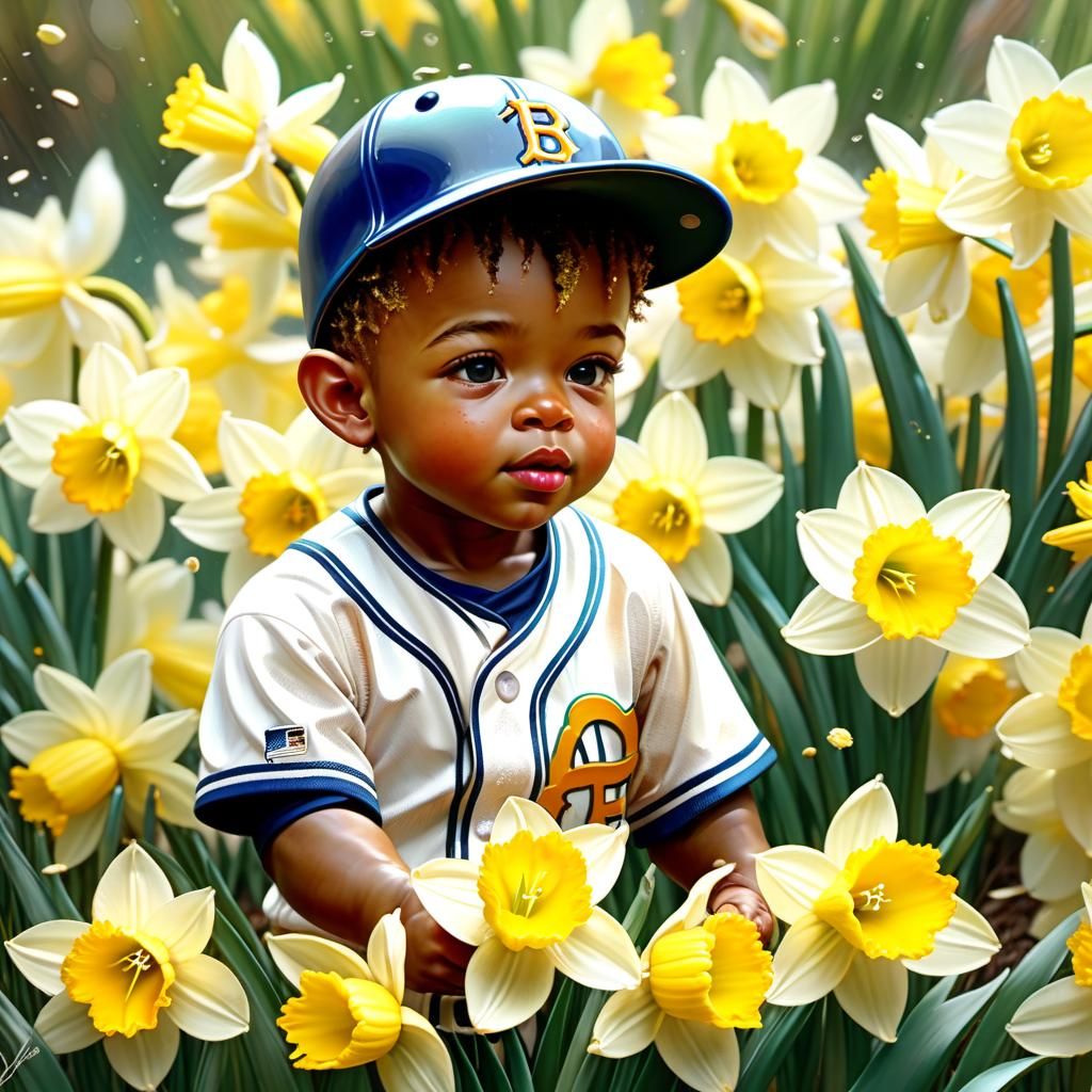 Toddler Baseball Player Surrounded by April Daffodils