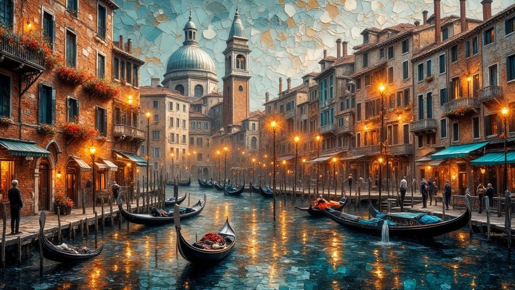 Venice Cityscape with Gondolas in Copper Wire and Etched Gla...