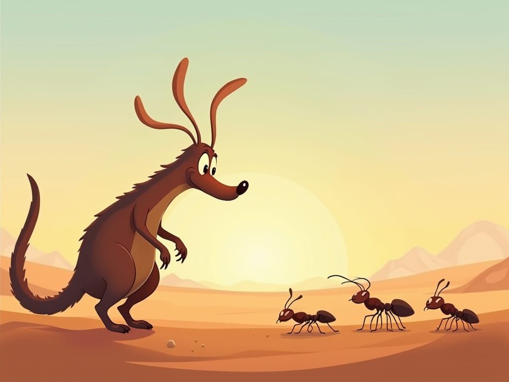 Cartoon Anteater Chasing Ants in Desert Landscape
