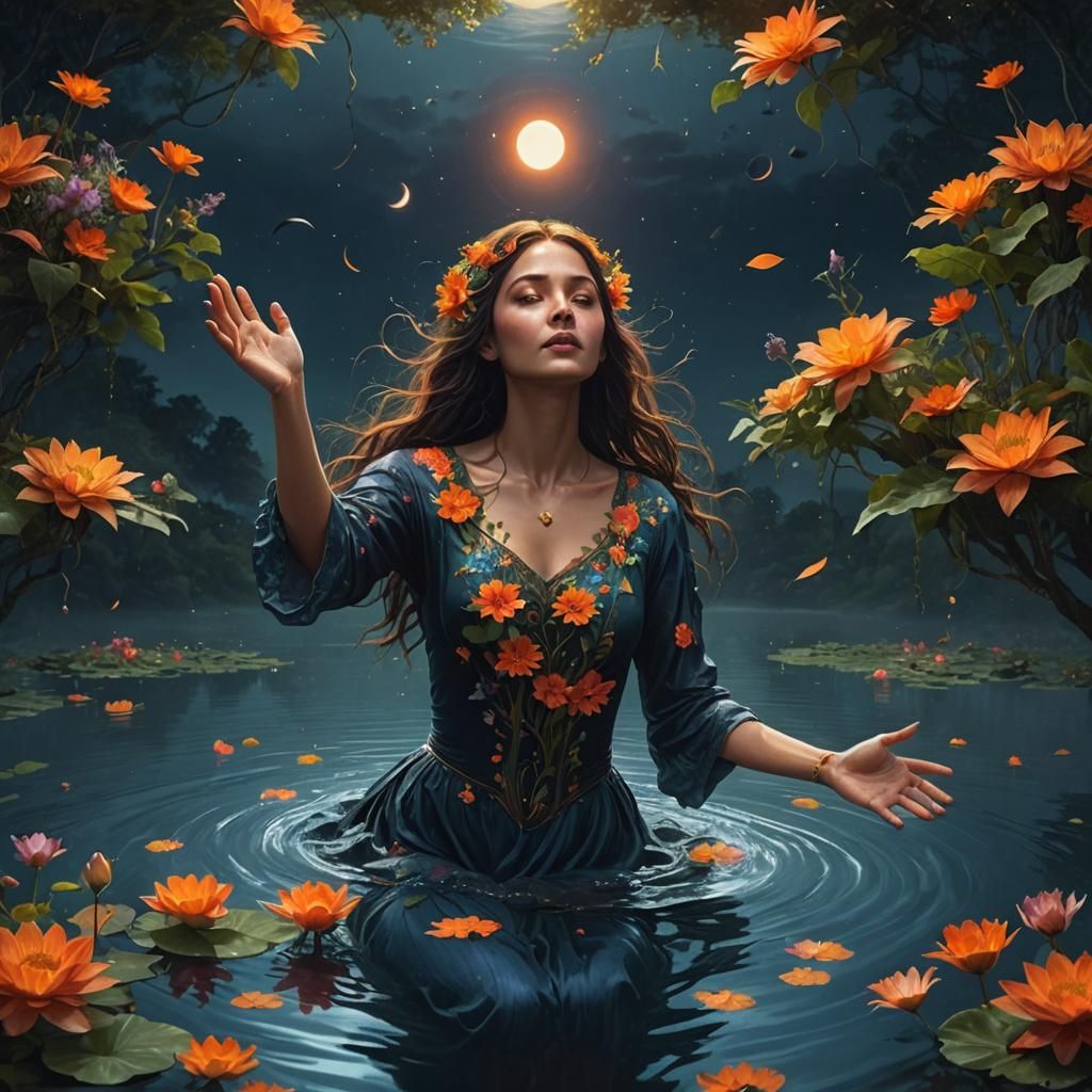 Ethereal Woman in Lake Under Solar Eclipse