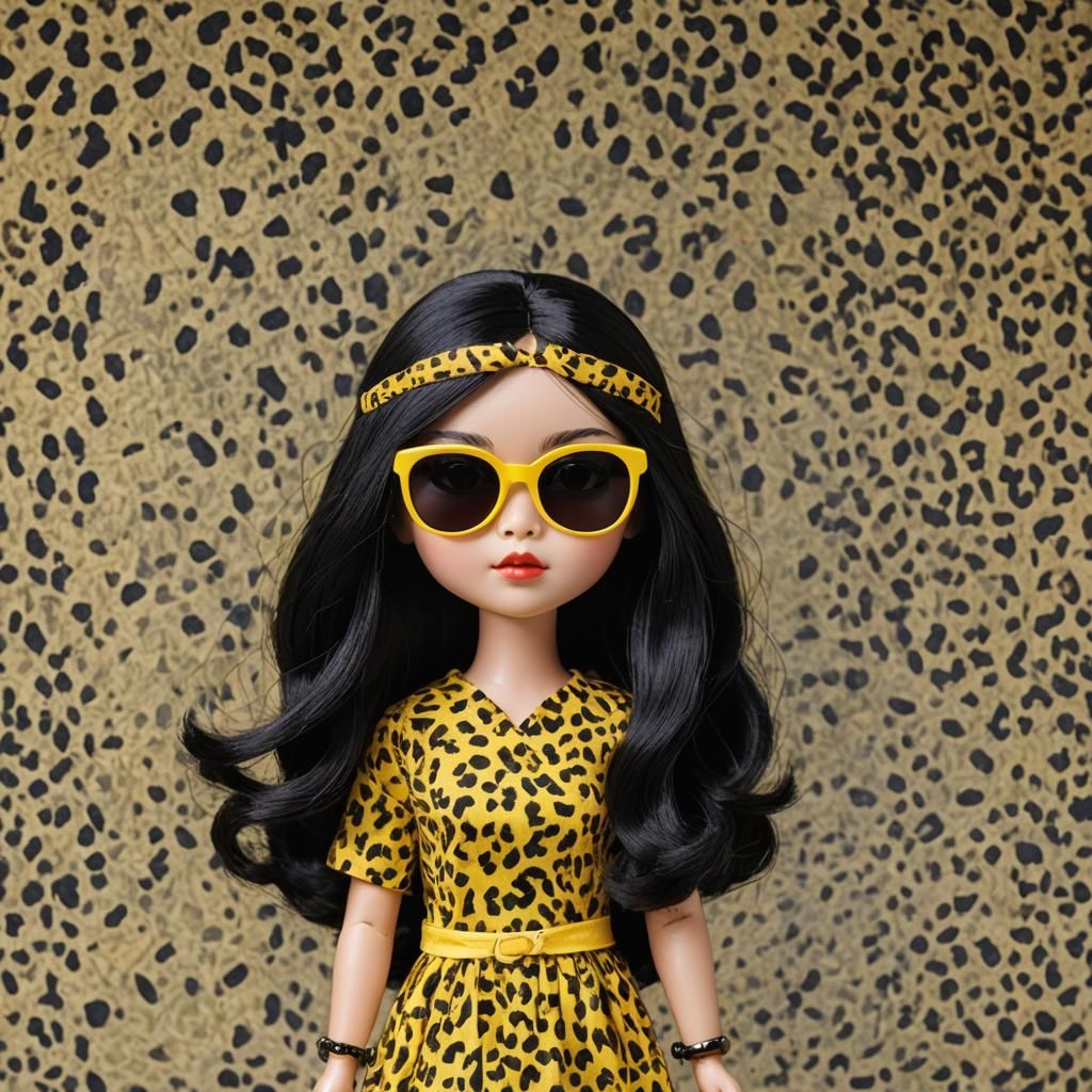 Vietnamese doll with long black hair with a bold and playful...