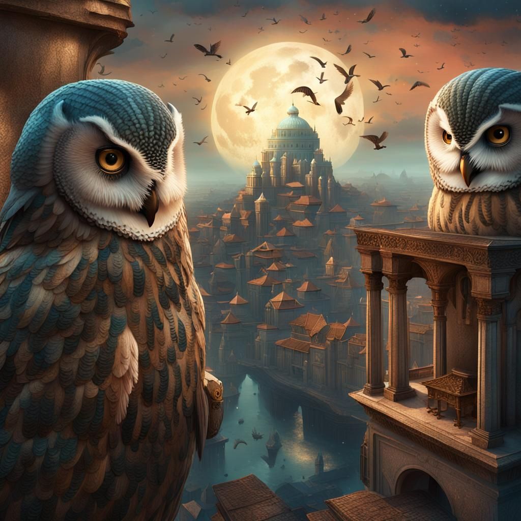 Owl City in Pearlescent Sky, Detailed Matte Painting