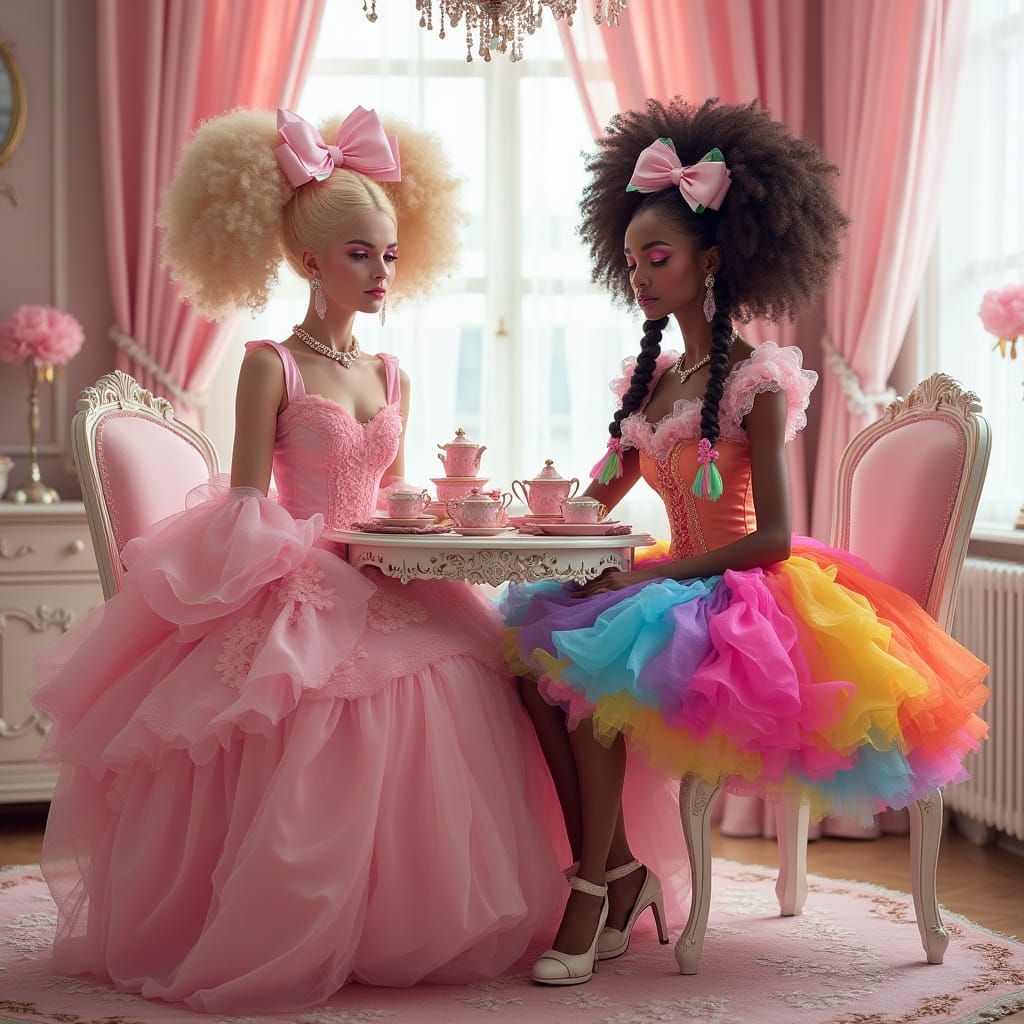 Extravagant Women in Whimsical Tea Setting