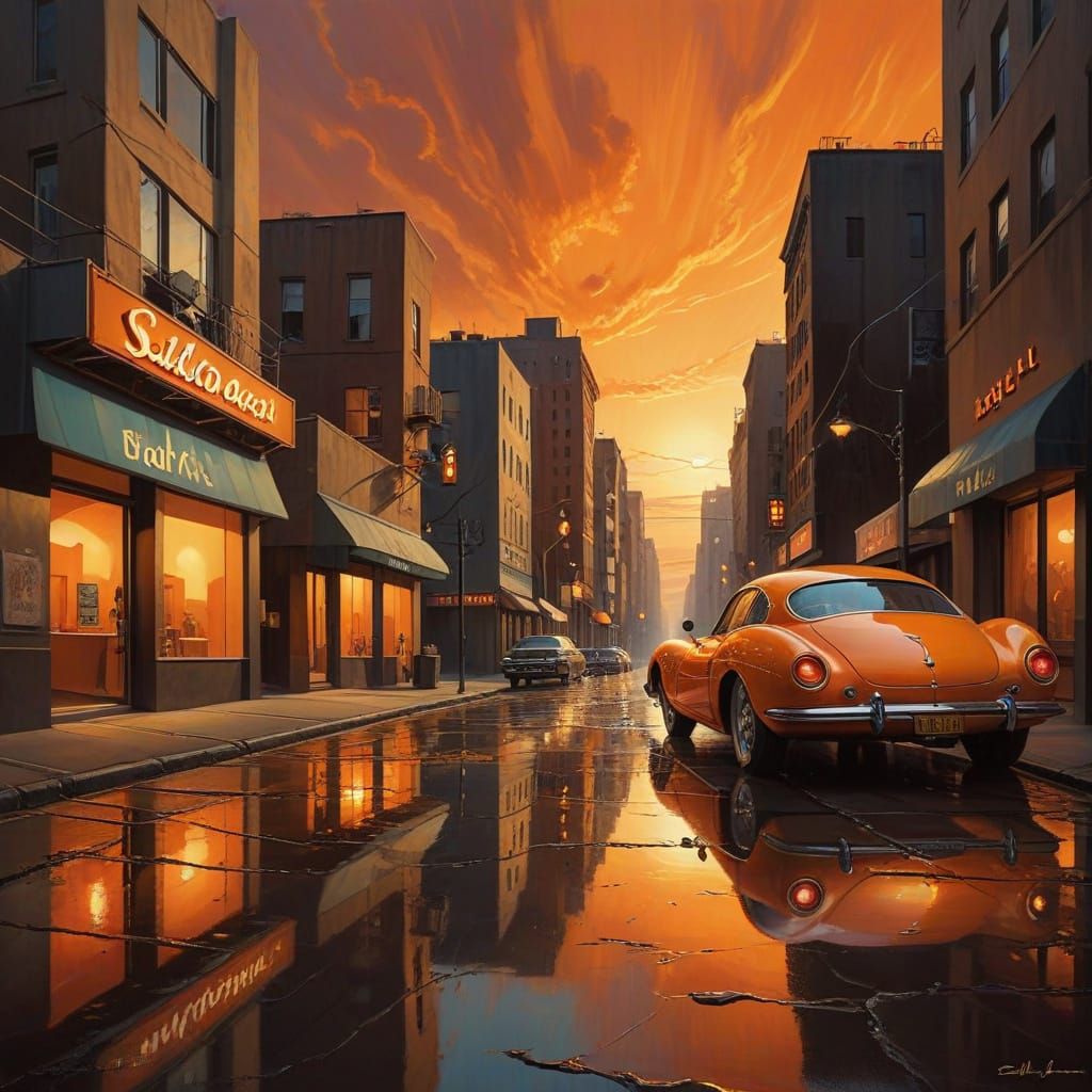 Retrofuturist City Street at Sunset in Orange Hues