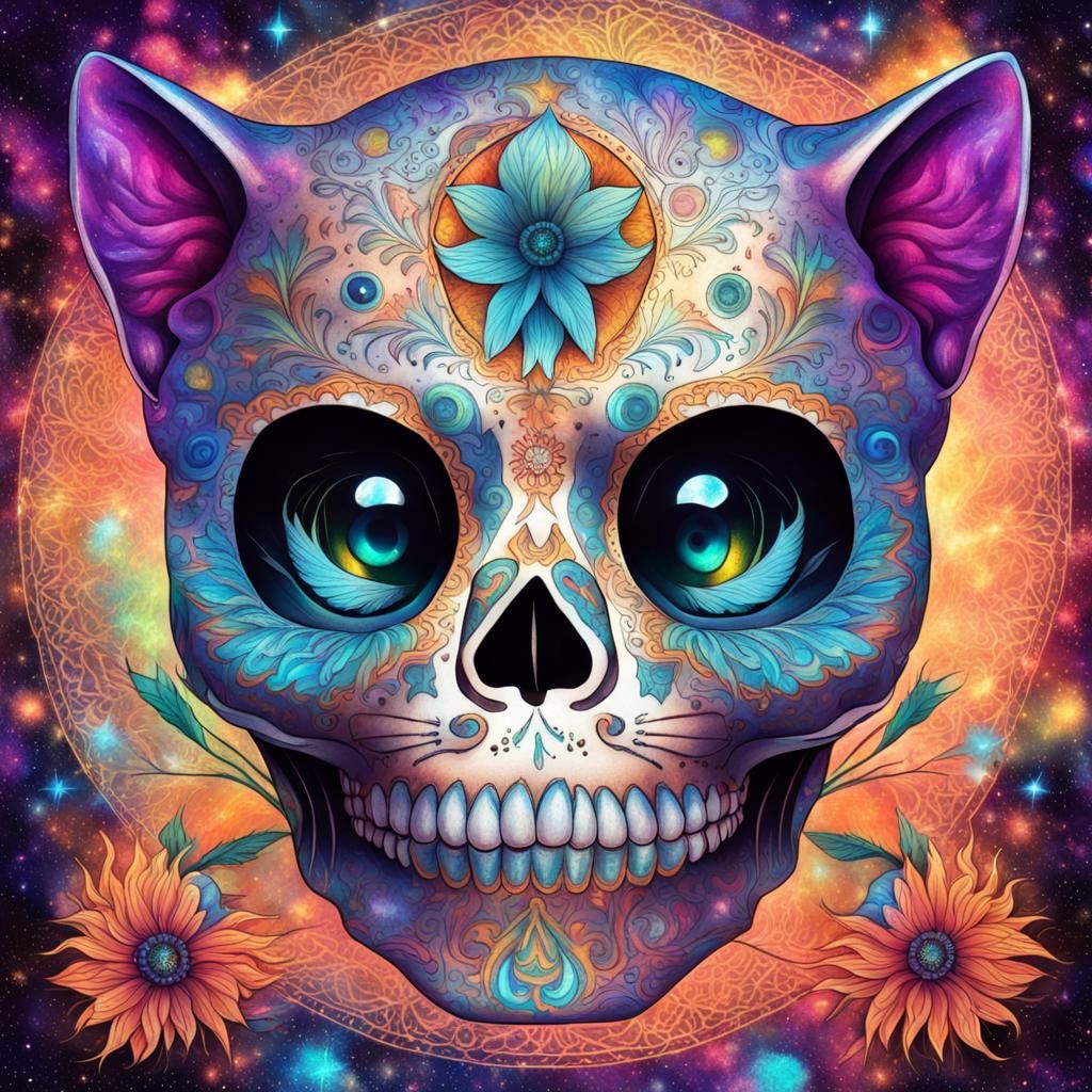 Cat Sugar Skull in Holographic Cosmic Style