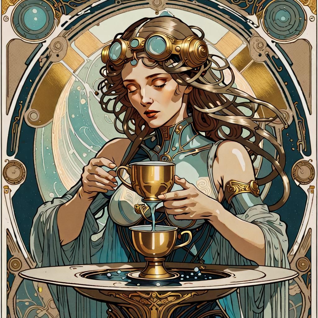 Art Nouveau Cybernetic Temperance Tarot Card