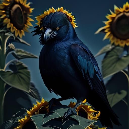 Crow and Sunflower Under Blue Moon