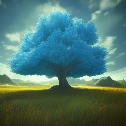 Majestic Blue Tree in Fantasy Landscape