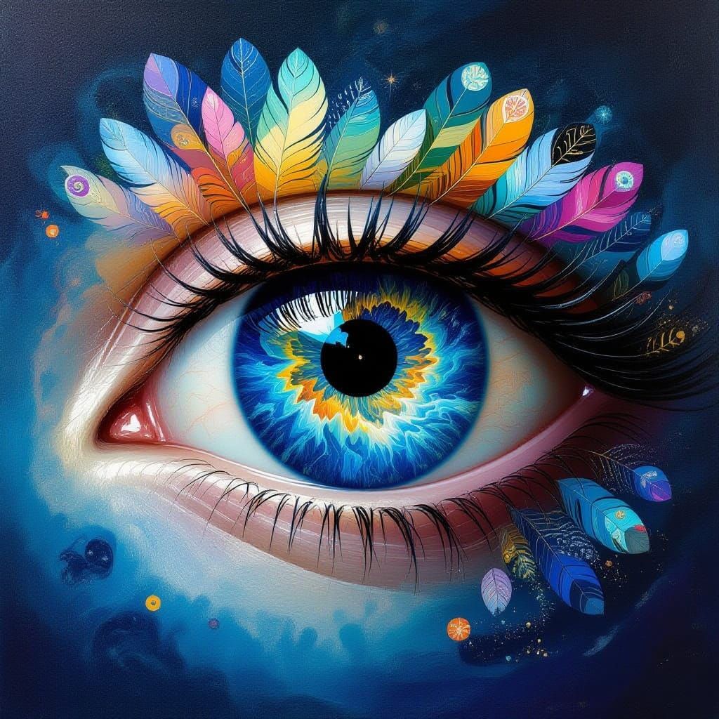 A surrealist painting of a human eye with a swirling vortex ...