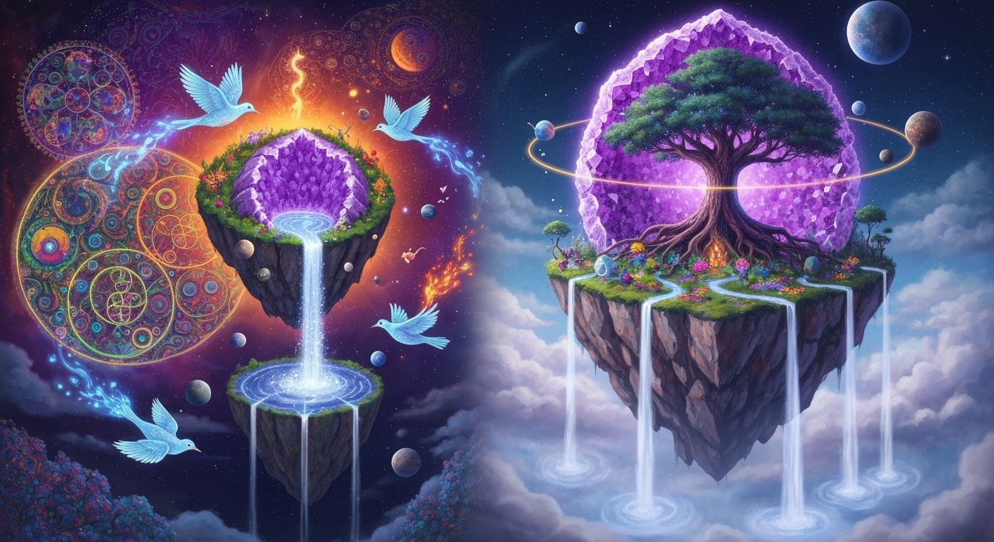 Floating Islands with Glowing Birds in Cosmic Energy