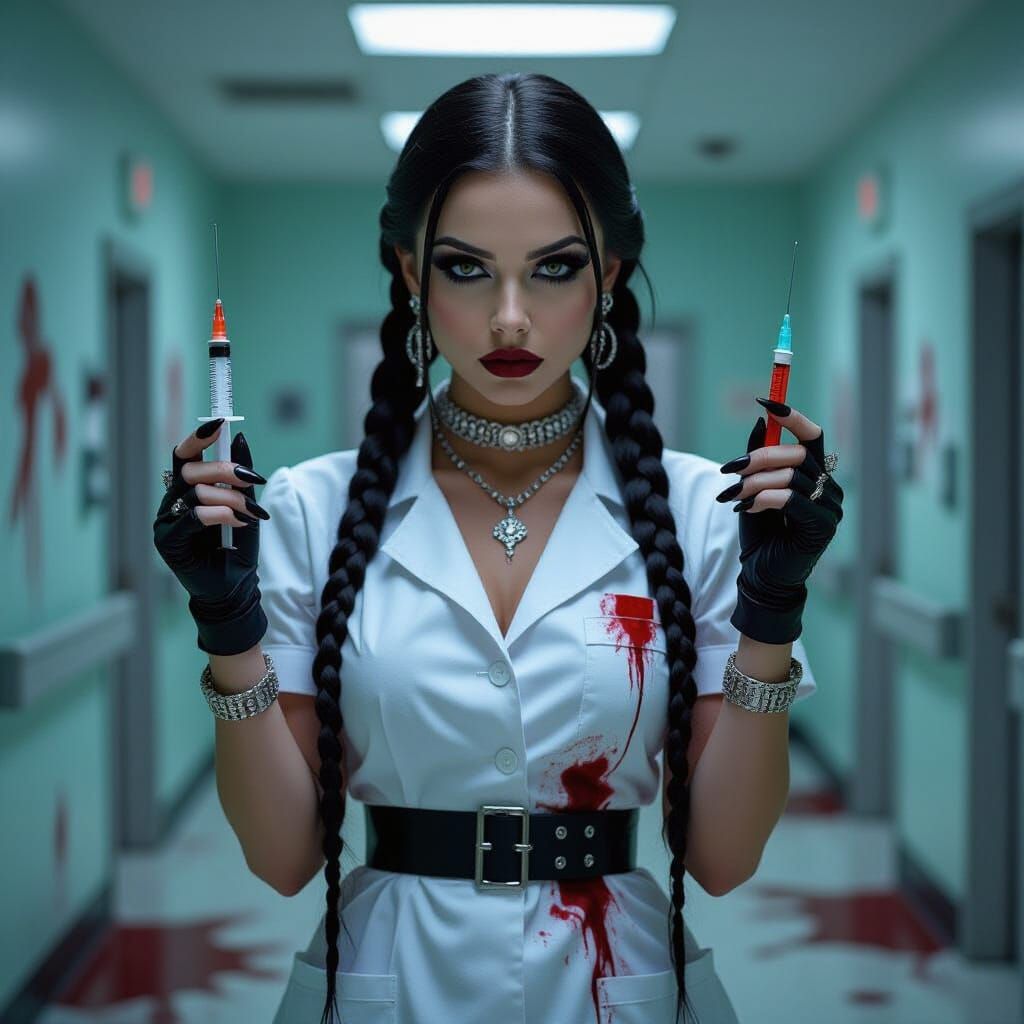 Gothic Nurse with Rusty Syringe in Blood-Splattered Hospital