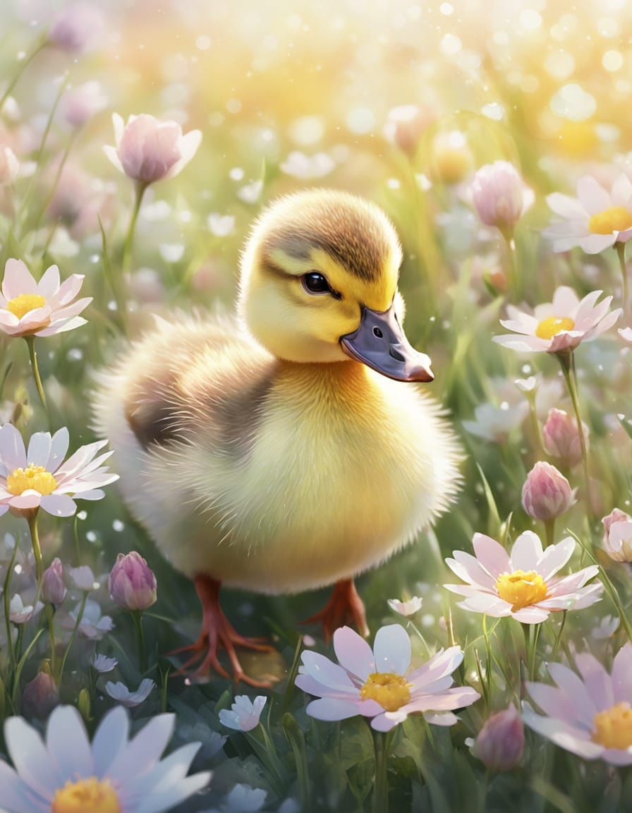 Duckling in Flowers: Soft Watercolor Digital Painting