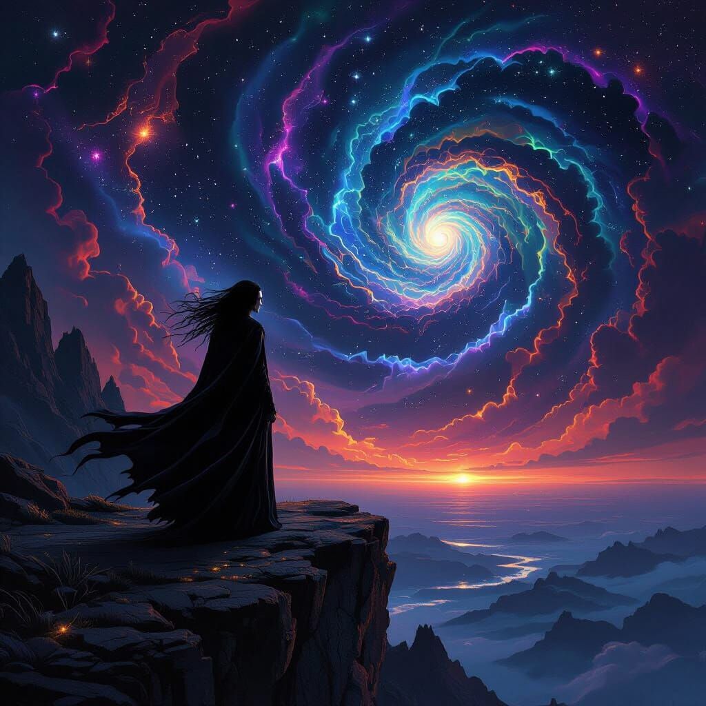 Melancholic Figure on Cliff Overlooking Psychedelic Nebula