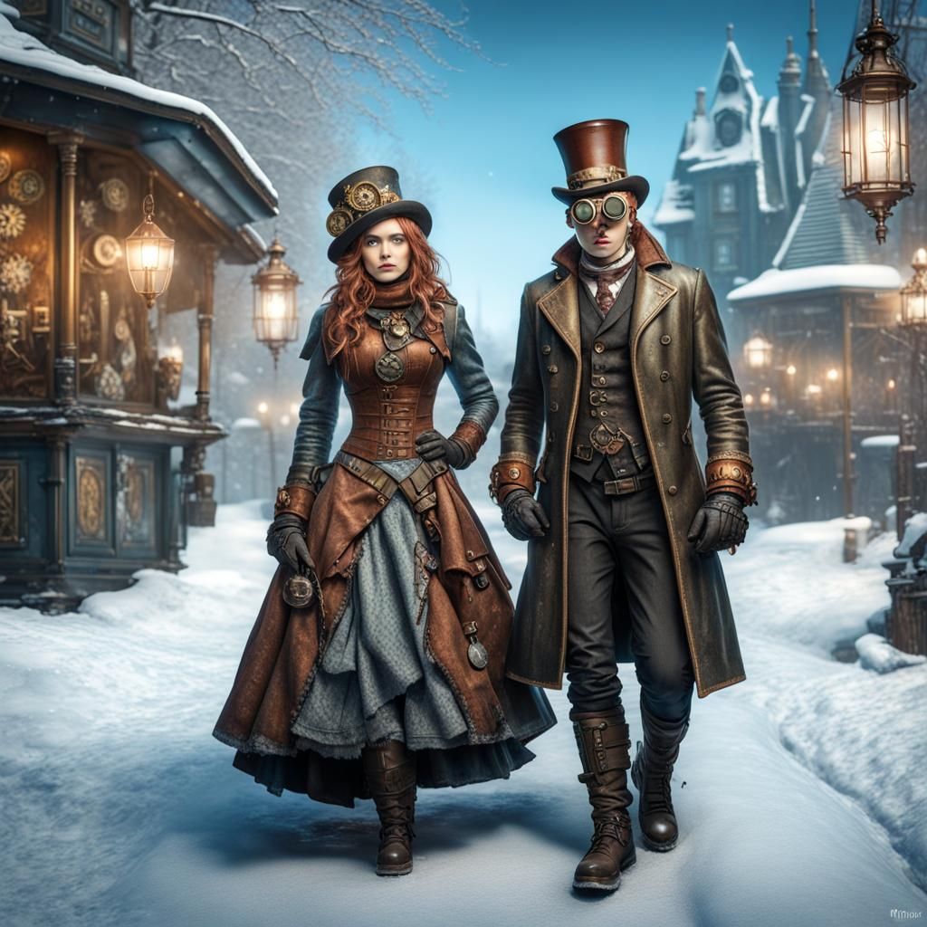 Steampunk Figures in Winter Wonderland, 3D Render