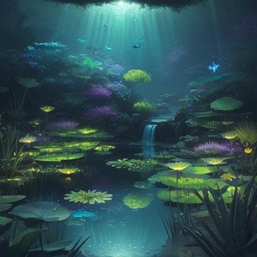 Bioluminescent Pond Ecosystem in Petri Dish: Digital Art