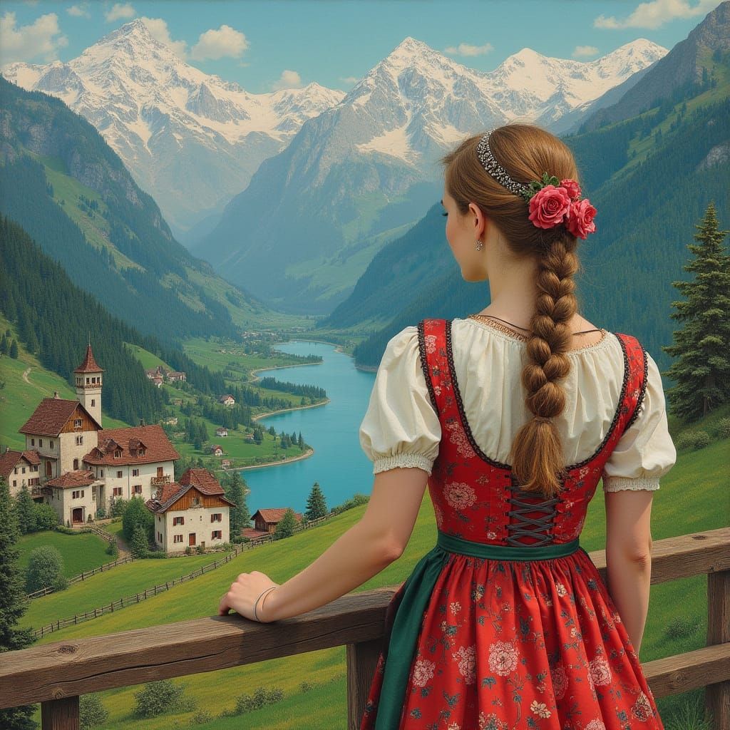 Austrian Woman in Alpine Village, Art Nouveau Style