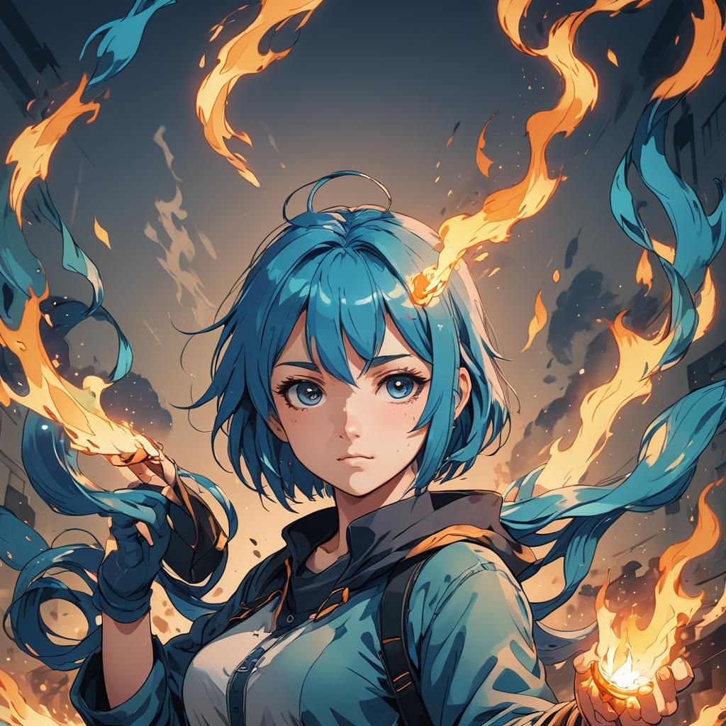 Blue-Haired Girl Holding a Flame in Anime Style