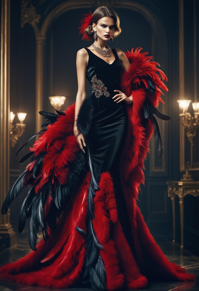Glamorous Fur and Feather Dress in Haute Couture Style