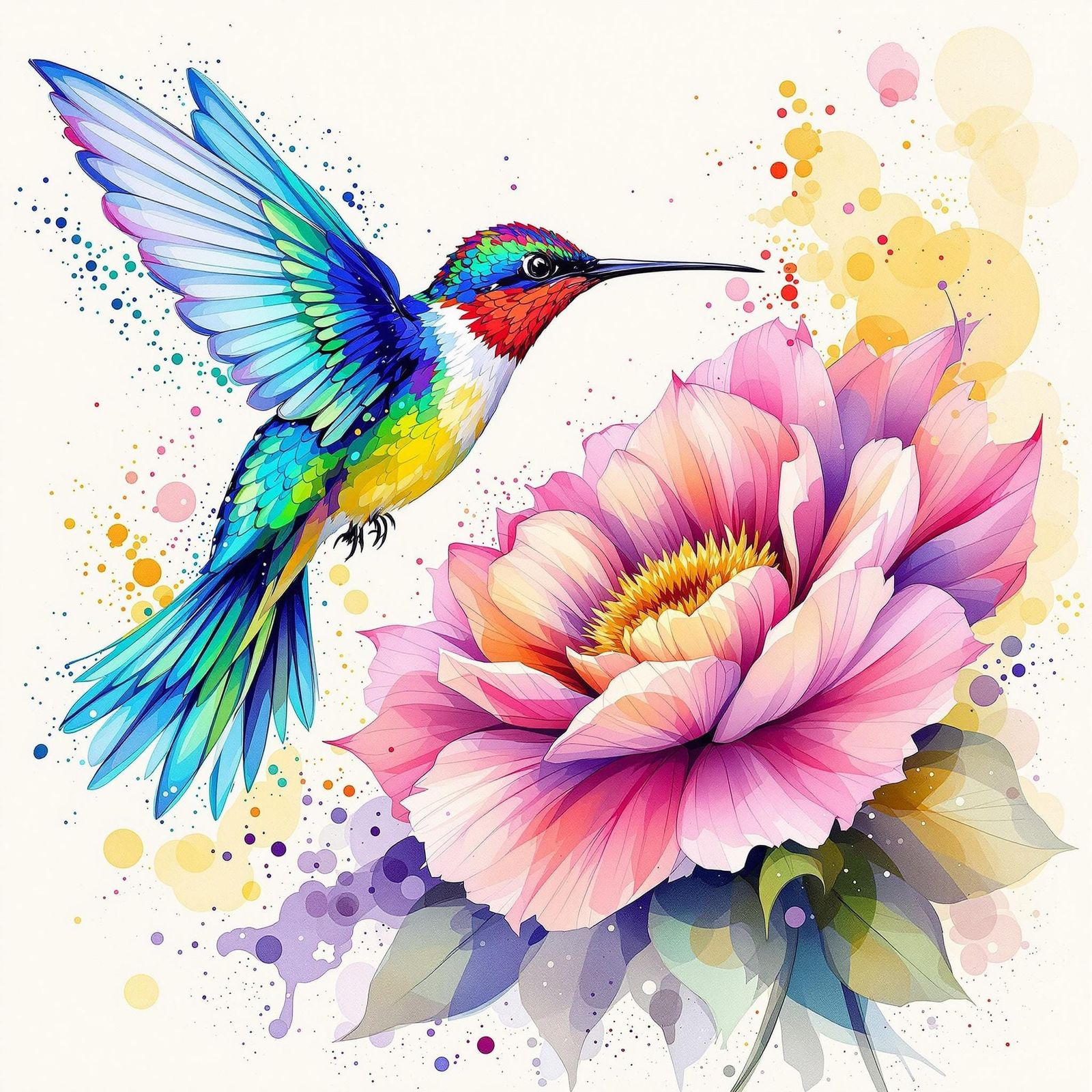 Hummingbird with Iridescent Feathers and Abstract Ink Splash...