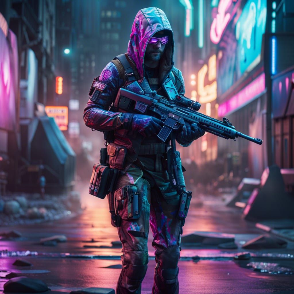 Cyberpunk Sniper in Gaudi Landscape