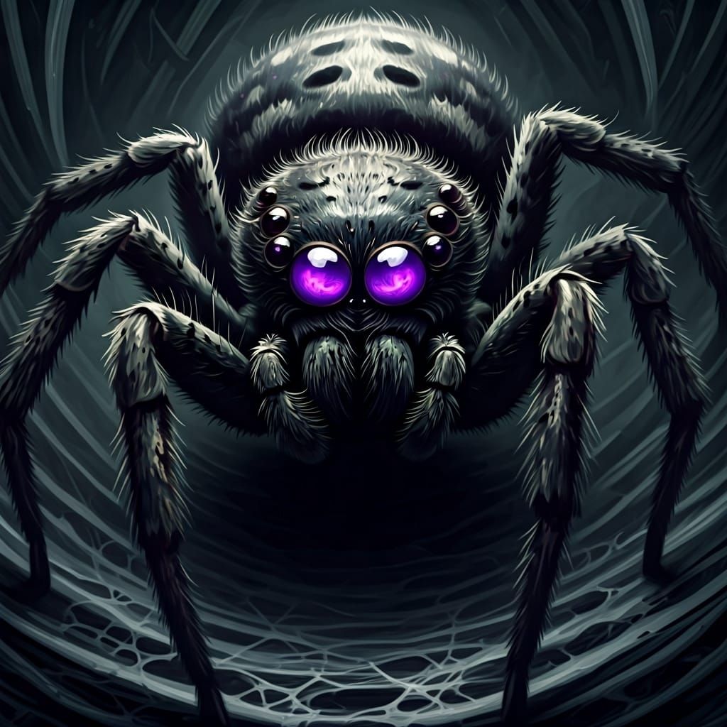 Gigantic Spider with Purple Eyes in Dreamy Style