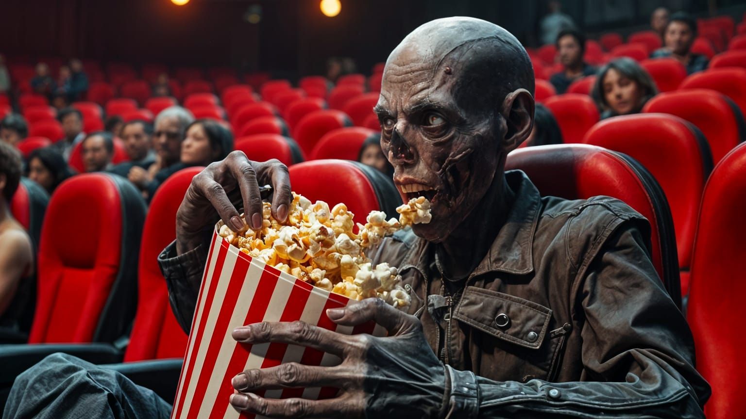 Zombie Enjoys Popcorn at a Bustling Cinema in Anime Style