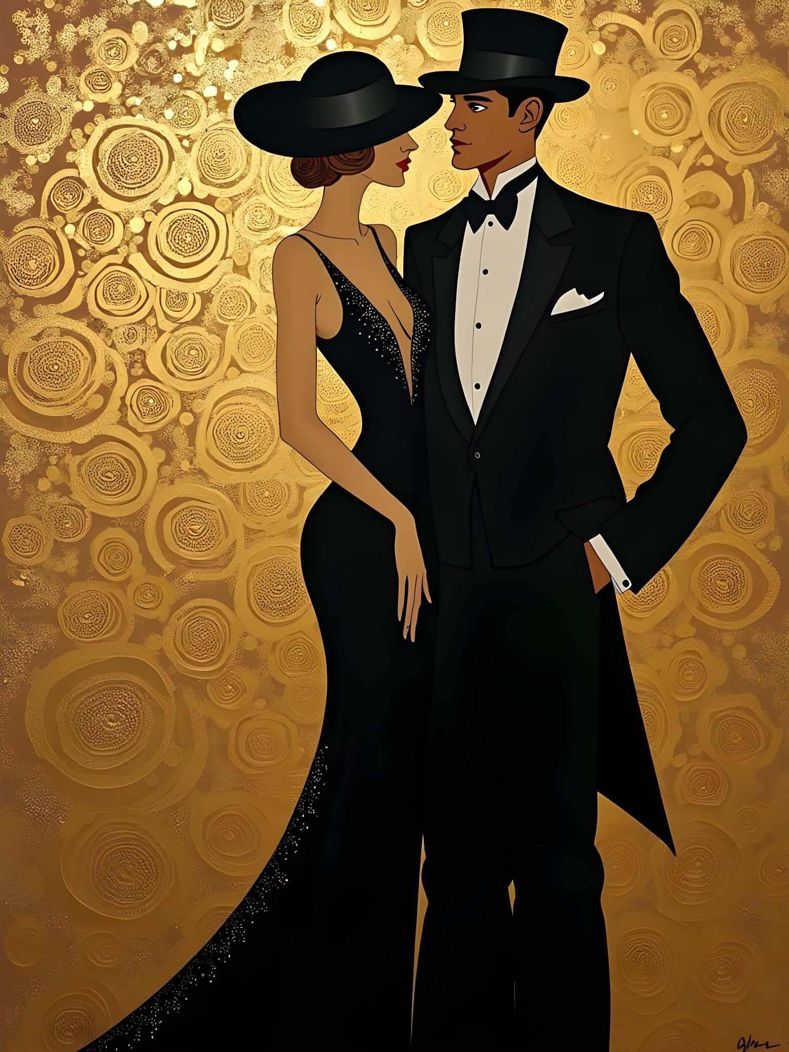 Art Deco Flapper with Golden Motherboard Silhouette