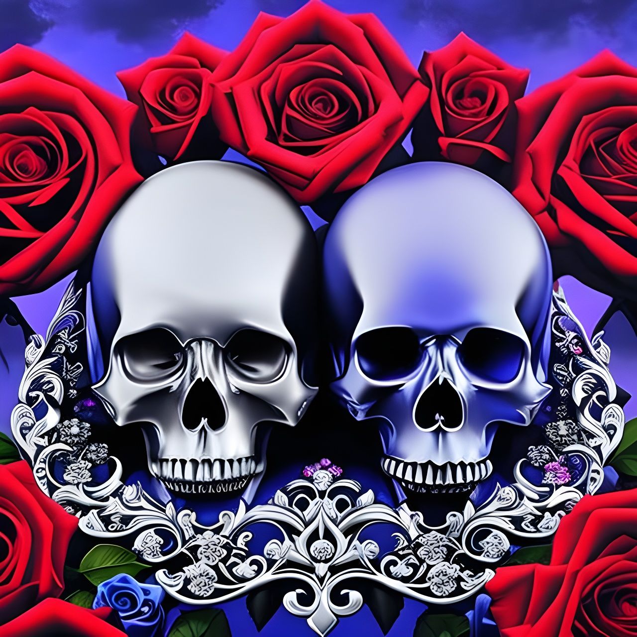 Chromium Skulls with Roses in Hyperdetailed Digital Art