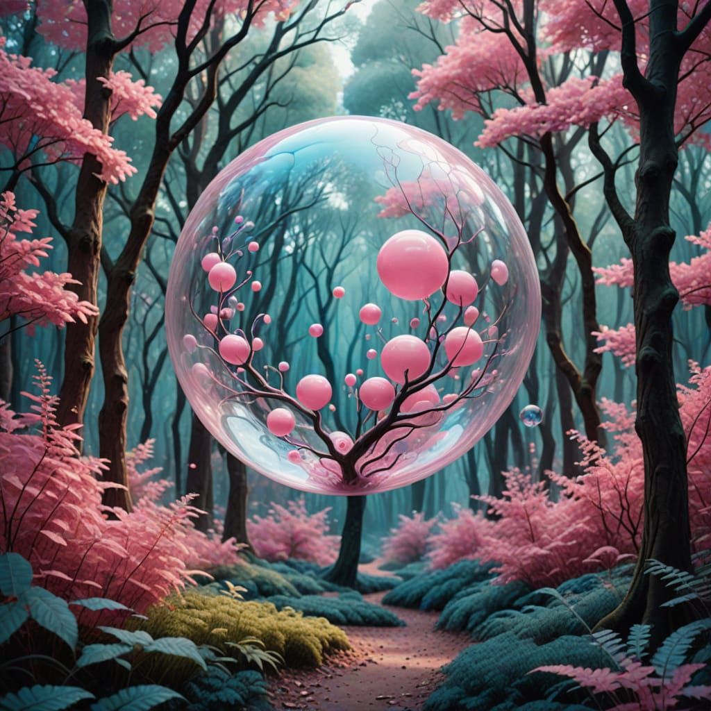 Surreal Pink Bubble of Chewing Gum in Whimsical, Dreamlike L...
