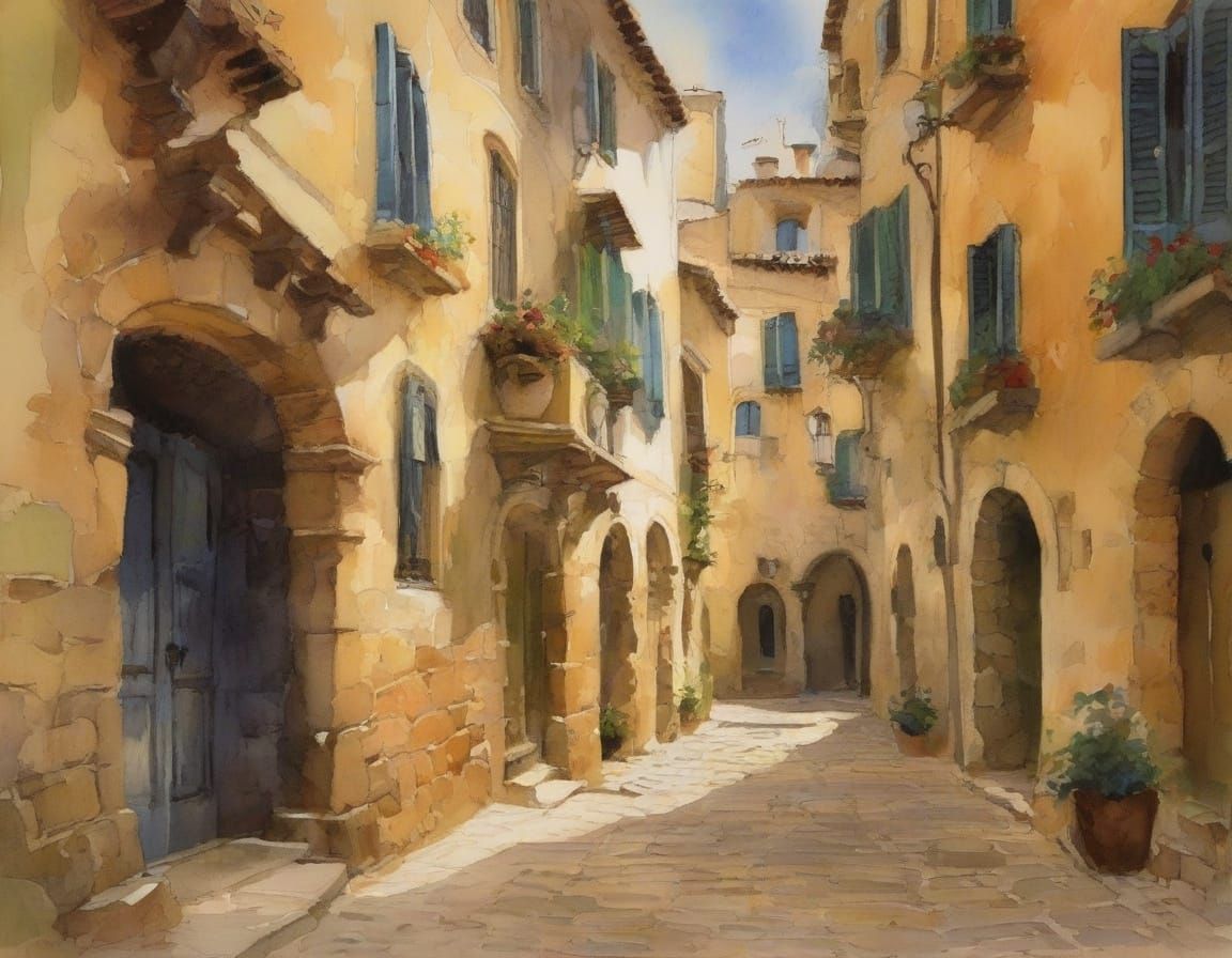 Medieval Portuguese Village in Watercolor Style