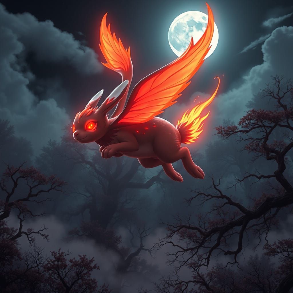 Majestic Flying Fire Bunny in Cyberpunk Anime Style