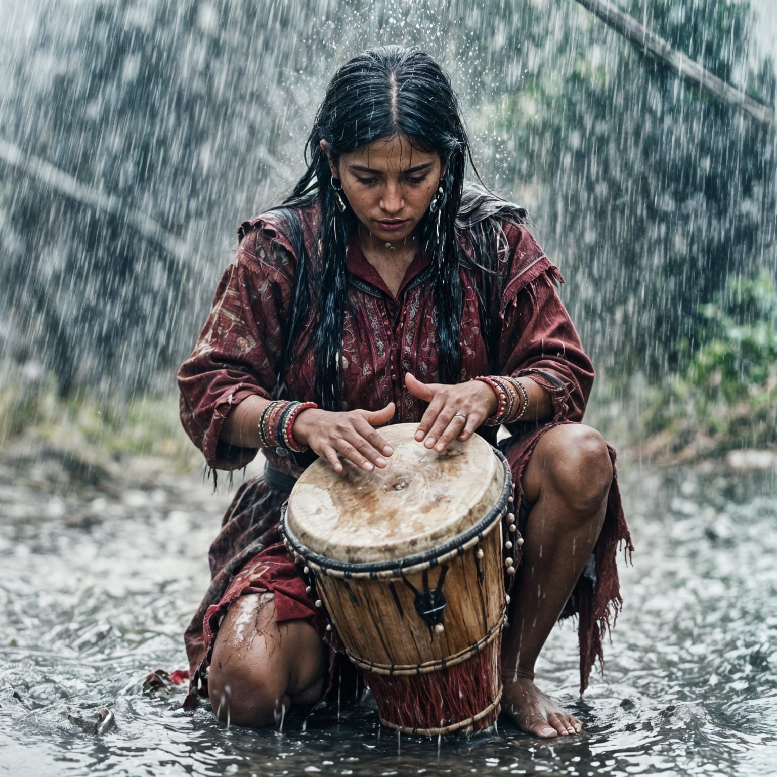 Peruvian Shaman Woman in Torrential Rain