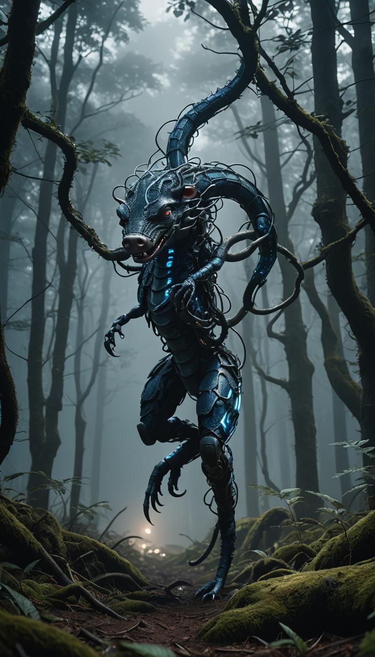 Cybernetic Pig-Snake Hybrid in Misty Forest