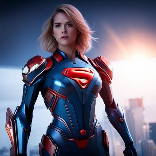 Supergirl Mecha Suit with Laser Eyes in Sci-Fi Style